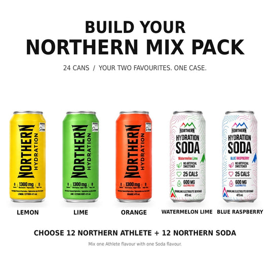 Build Your Northern Mix Pack: 12 Northern Athlete cans (Lemon, Lime or Orange) and 12 Northern Soda cans (Watermelon Lime or Blue Raspberry), showing five real can designs